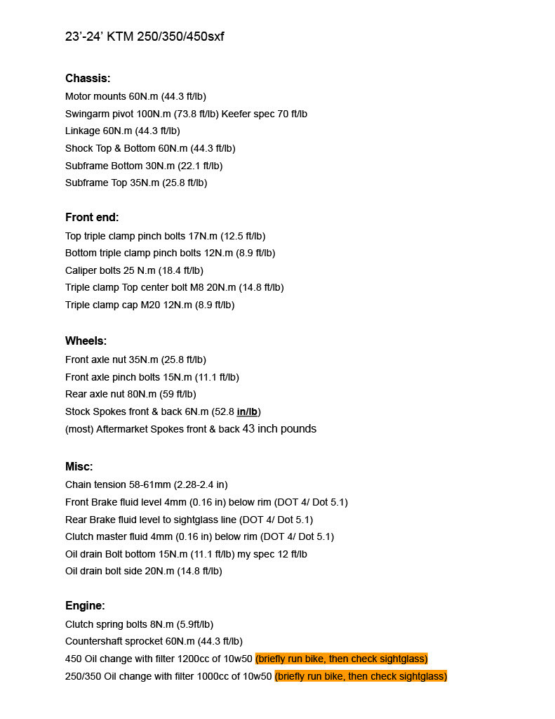 torque specs 2324 ktm sxf Tech Help/Race Shop Motocross Forums / Message Boards Vital MX